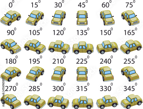 A set of 24 cartoon car from different angles. Rotation of the car in game style by 15 degrees for animation.  