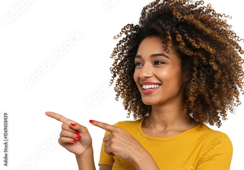 Smiling woman with curly hair pointing left isolated on transparent background