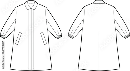 Oversized long sleeve coat front and back technical sketch, outerwear cad drawing flat vector illustration, fashion garment design template