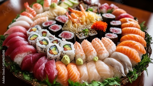 Large platter of arranged sushi rolls, sashimi, and nigiri, beautifully presented