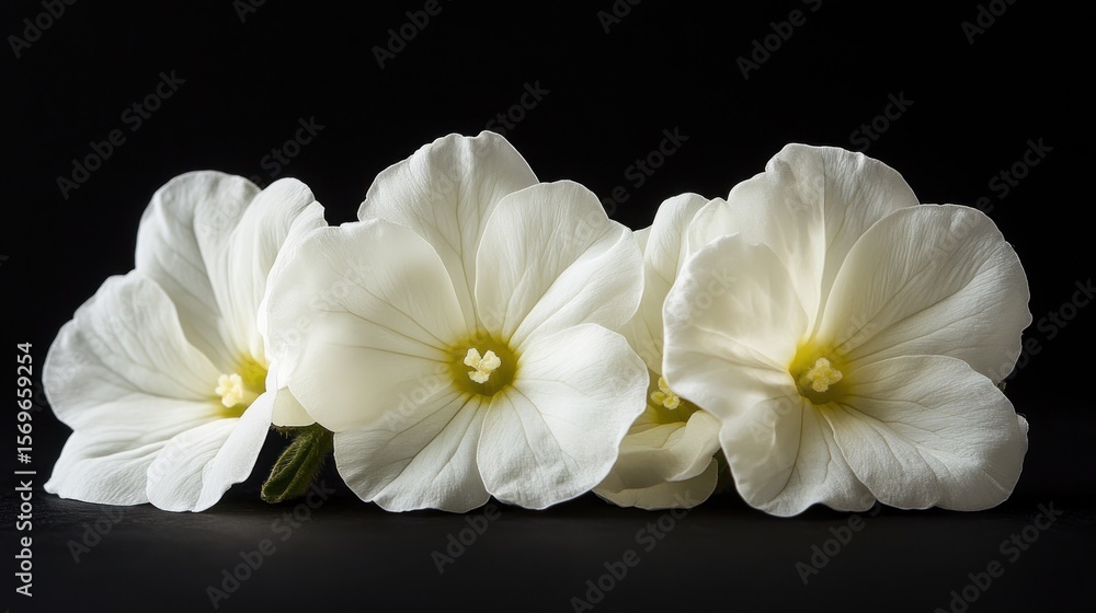 Fototapeta premium Three white flowers on a black background