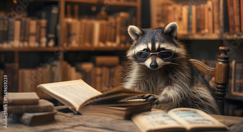 Raccoon wearing small glasses flipping through books in a library, symbolizing curiosity, intelligence, education, and a whimsical charm in a cozy and academic environment
