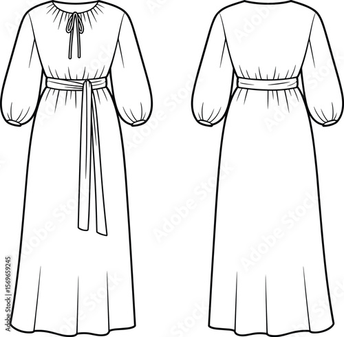 Long sleeve belted maxi dress technical sketch, front and back view, gathered waist fashion cad drawing, flat vector illustration