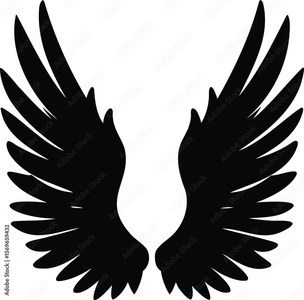 Obraz premium Symmetrical silhouette of open bird or angel wings spread wide in upward shape Vector illustration