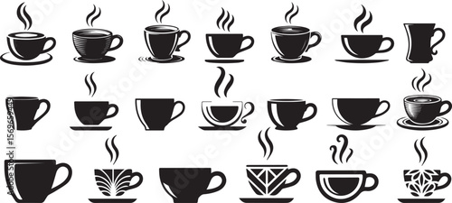 Coffee cup silhouette set black vector outline flat illustration