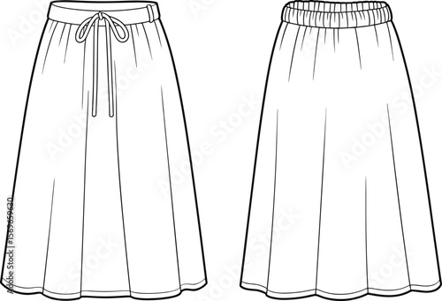 Front and back view of drawstring midi skirt, elastic waistband, fashion technical flat, clothing vector template, CAD drawing illustration