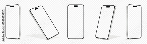 Realistic smartphone mockup. Mobile phone with transparent screen in different positions isolated on transparent background.