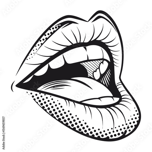 Stylized Monochrome Lips With Open Mouth tongue teeth