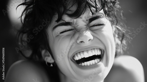 Laughing woman with short, curly hair and closed eyes, bright and sunny, in B&W
