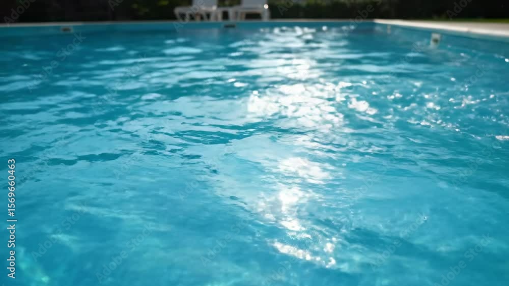 Rippling turquoise pool water with sunlight reflecting on the surface and two blurred white chairs in the background Rippling turquoise pool water with sunlight reflecting on the surface and two blurred white chairs in the background