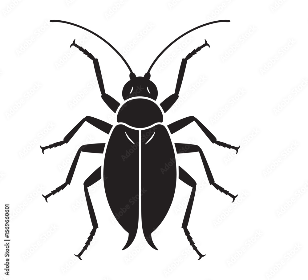 Black silhouette of a beetle with detailed legs and antennae Black silhouette of a beetle with detailed legs and antennae