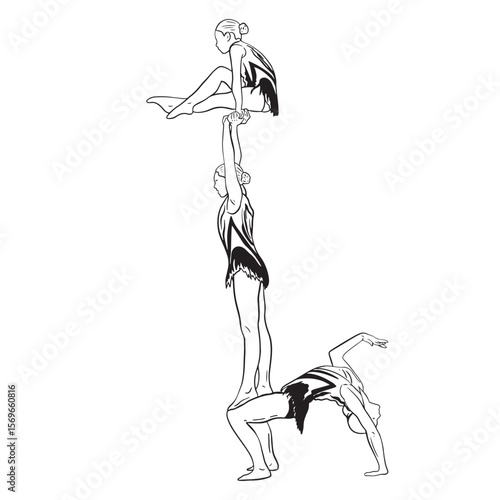 Acrobatic, balance, performance, cooperation concept. Hand drawn acrobats on static scene . Isolated vector illustration , acrobatics, gymnastic sketch illustration.
