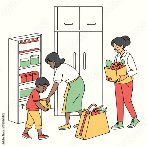 A family unpacking groceries in the kitchen with a refrigerator and a grocery bag on the floor near them