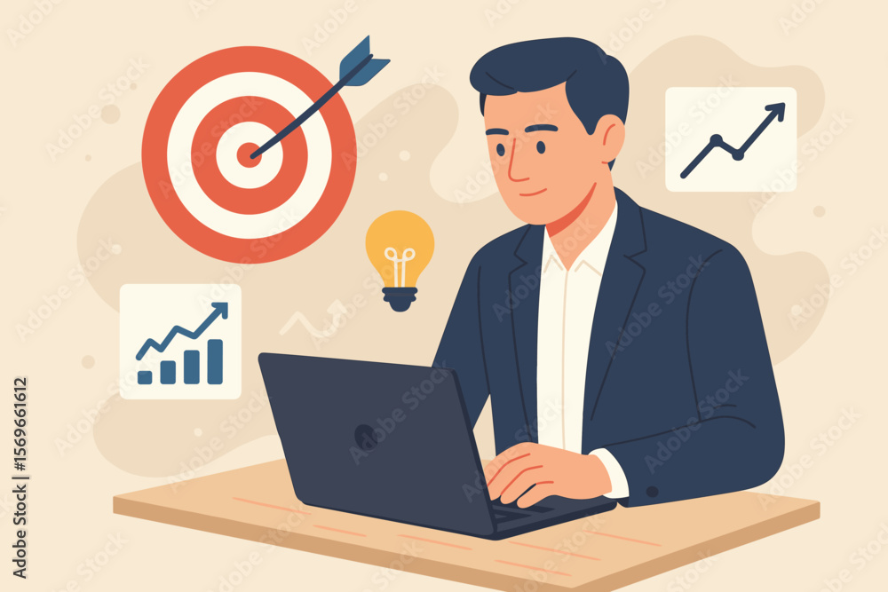Business goal setting and digital strategy. Professional working on laptop with goal target achievement icon, business analytics, success, innovation. Vector illustration concept. Business goal setting and digital strategy. Professional working on laptop with goal target achievement icon, business analytics, success, innovation. Vector illustration concept.