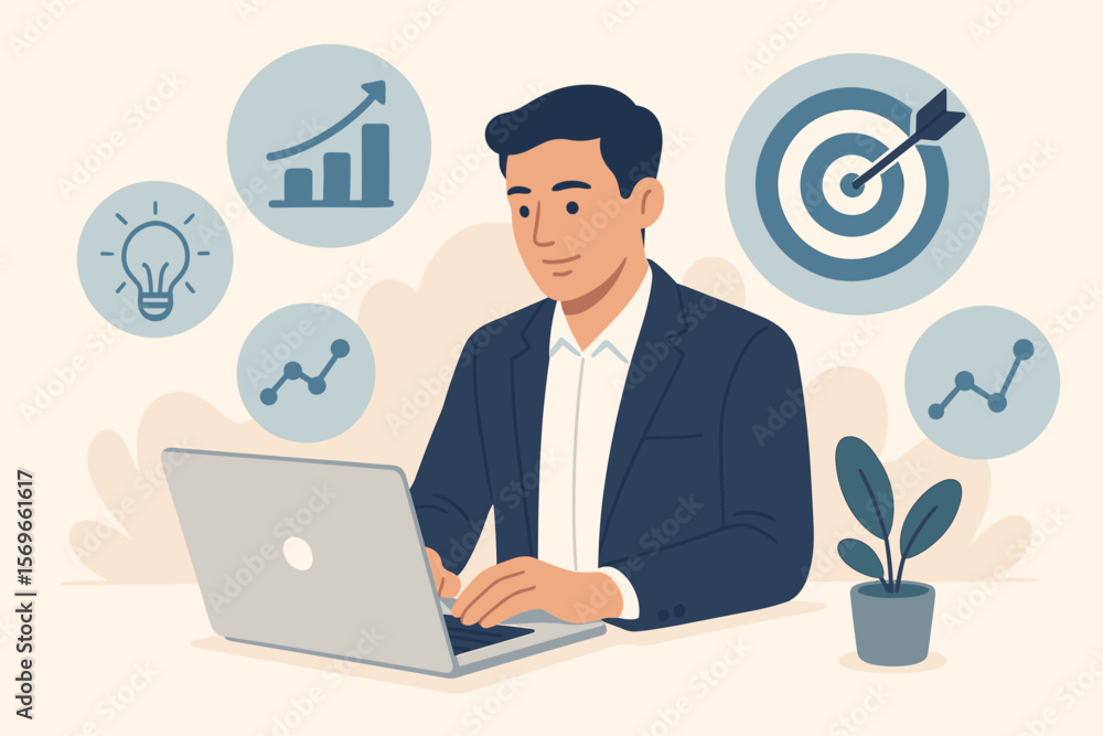 Business goal setting and digital strategy concept. Professional working on laptop with target achievement icon, business analytics, success, innovation, and growth symbols. Business goal setting and digital strategy concept. Professional working on laptop with target achievement icon, business analytics, success, innovation, and growth symbols.