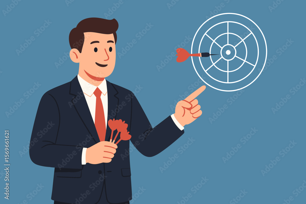 Businessman holding darts and pointing to a dartboard. Metaphor for business target, goal achievement, success, marketing strategy, mission, focus, ambition, and solution. Businessman holding darts and pointing to a dartboard. Metaphor for business target, goal achievement, success, marketing strategy, mission, focus, ambition, and solution.