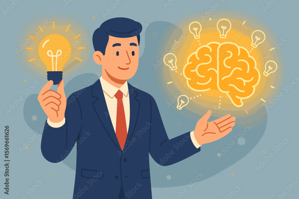 Businessman holding lightbulb idea. Glowing brain symbolizes smart intelligent creativity, innovation, and inspiration. Business solution, brainstorming, and motivation concept. Businessman holding lightbulb idea. Glowing brain symbolizes smart intelligent creativity, innovation, and inspiration. Business solution, brainstorming, and motivation concept.