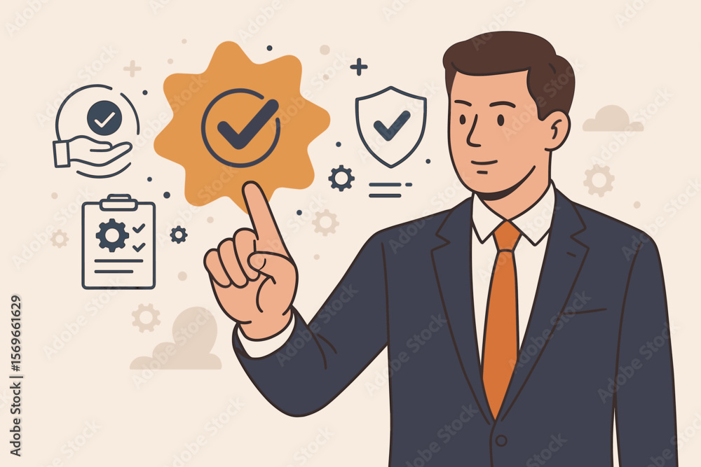 Businessman hand touch sign of top service. Quality assurance guarantee concept. Standards, ISO certification and standardization. QC or quality control vector illustration. Businessman hand touch sign of top service. Quality assurance guarantee concept. Standards, ISO certification and standardization. QC or quality control vector illustration.
