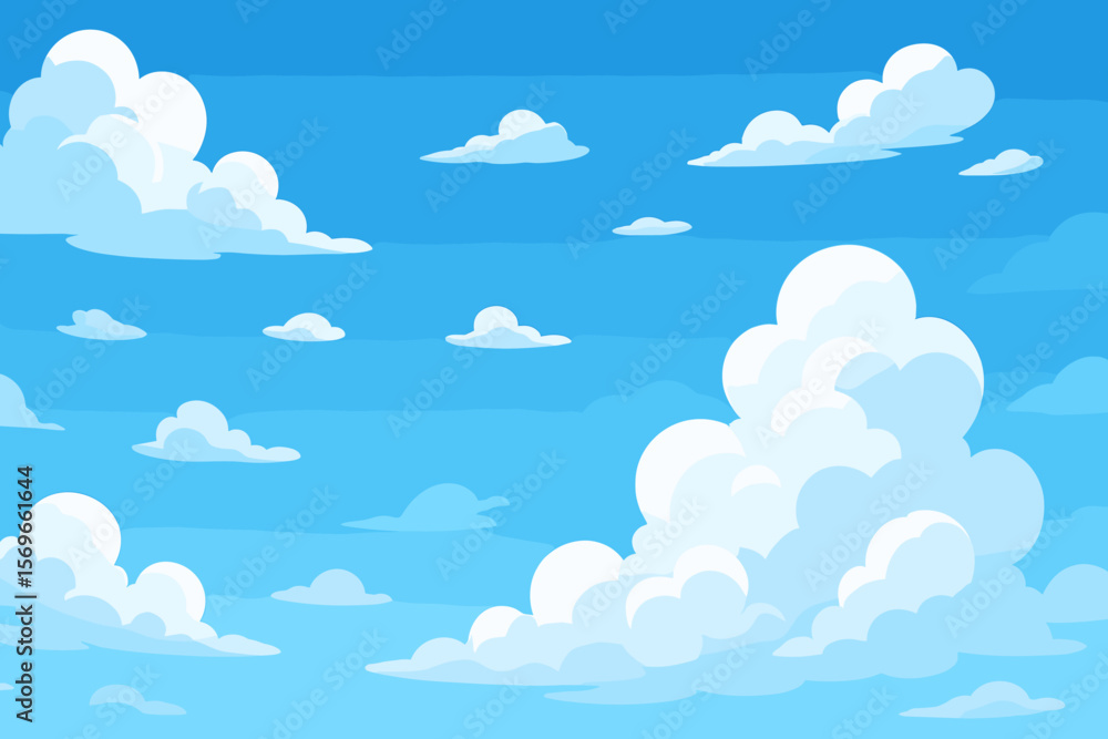 Blue sky background with fluffy white clouds. Modern flat cartoon vector illustration. Summer weather scenery. Nature landscape for wallpaper banner with copy space for text. Blue sky background with fluffy white clouds. Modern flat cartoon vector illustration. Summer weather scenery. Nature landscape for wallpaper banner with copy space for text.
