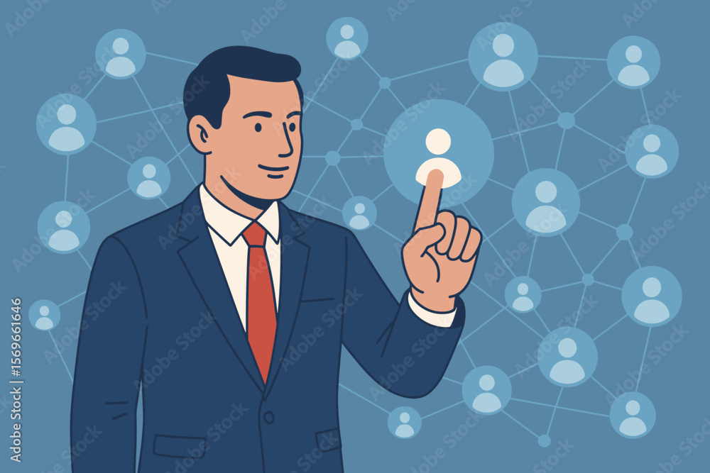 Businessman pressing icon on employment network. Human resources, HR management, recruitment, headhunting concept. Talent acquisition, leadership, CRM, and team building. Businessman pressing icon on employment network. Human resources, HR management, recruitment, headhunting concept. Talent acquisition, leadership, CRM, and team building.