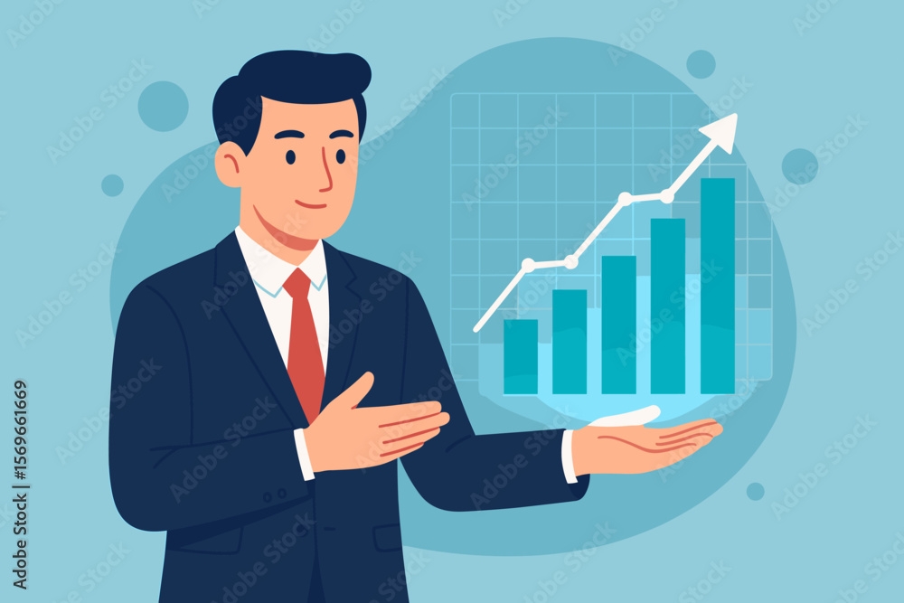 Businessman showing a trading graph. Concept of planning and strategy for stock market success. Business growth, progress, and financial analysis with virtual hologram. Businessman showing a trading graph. Concept of planning and strategy for stock market success. Business growth, progress, and financial analysis with virtual hologram.