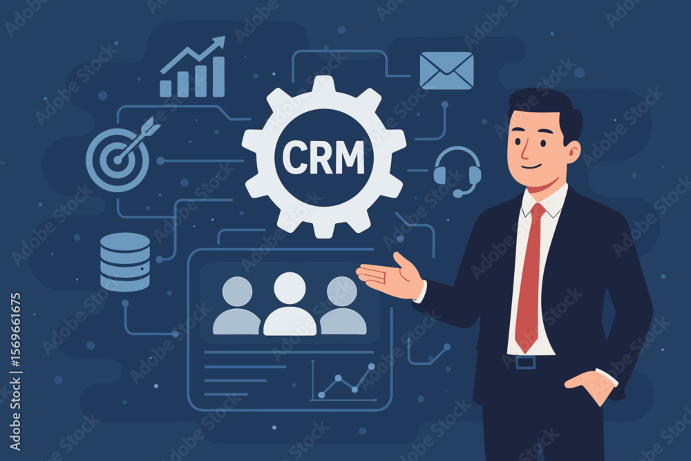Businessman presenting CRM, Customer Relationship Management system concept. For business sales, marketing automation, data analysis, and client communication strategy. Businessman presenting CRM, Customer Relationship Management system concept. For business sales, marketing automation, data analysis, and client communication strategy.