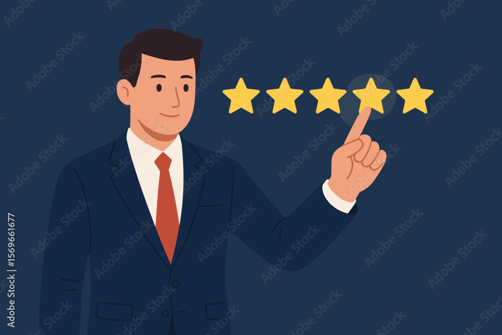 Businessman gives a five star rating. Positive customer experience and feedback concept. Excellent service and satisfaction review. High quality performance and best evaluation. Businessman gives a five star rating. Positive customer experience and feedback concept. Excellent service and satisfaction review. High quality performance and best evaluation.