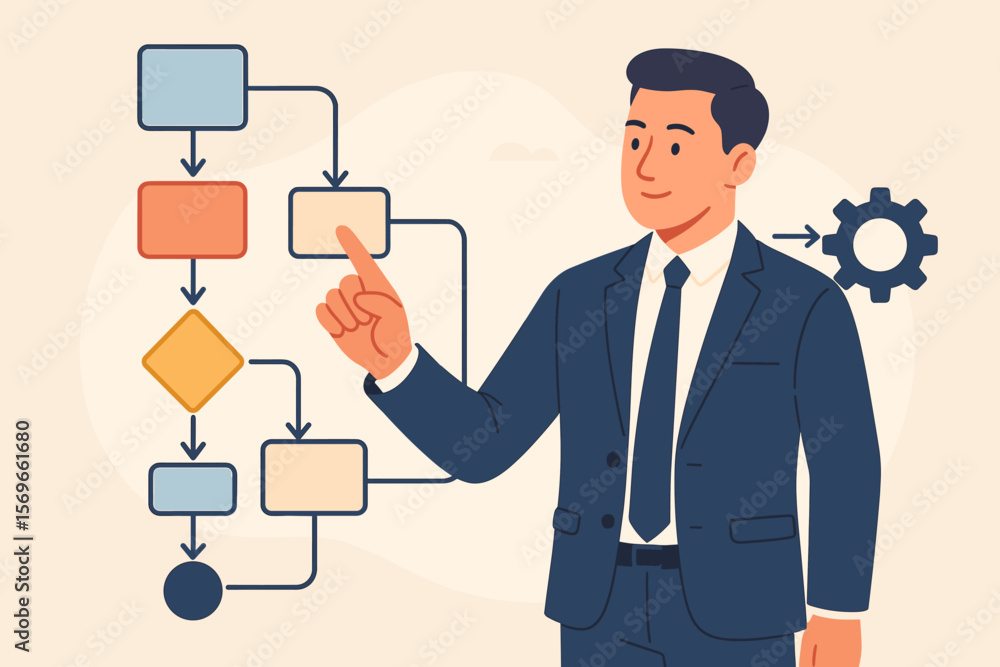 Businessman managing business process and workflow automation with a flowchart. Man touching a virtual screen to optimize a project. Modern flat vector cartoon illustration. Businessman managing business process and workflow automation with a flowchart. Man touching a virtual screen to optimize a project. Modern flat vector cartoon illustration.
