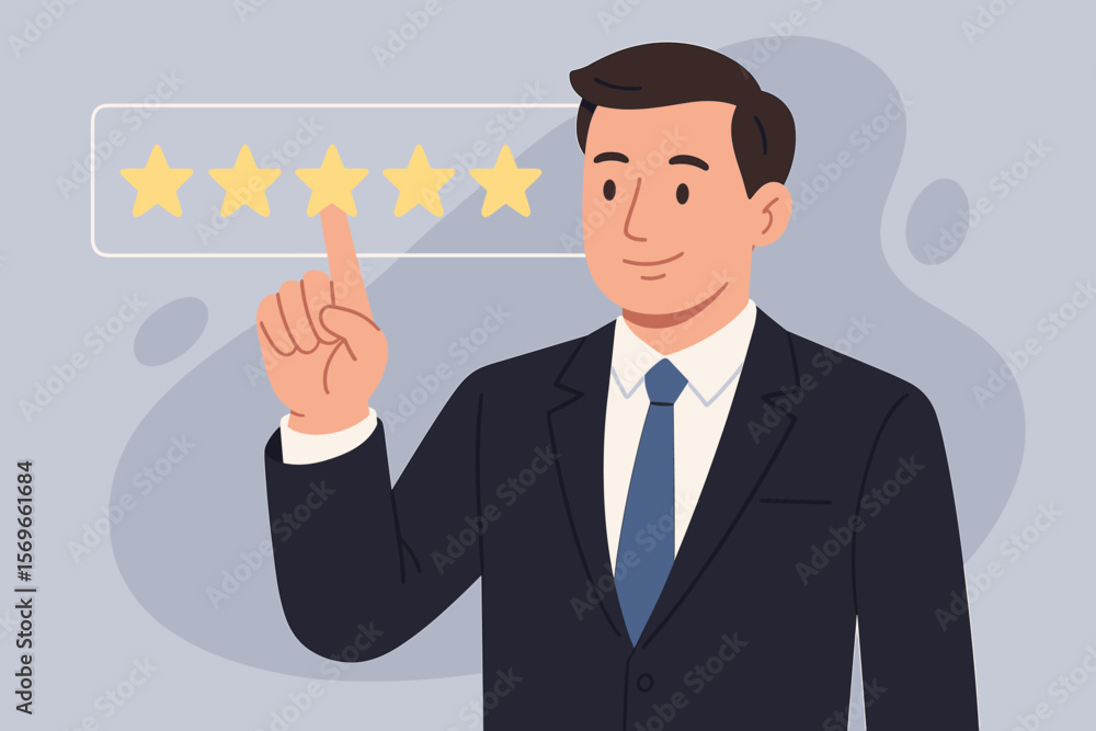 Businessman touching five star rating on virtual screen. Positive customer experience and feedback. Excellent performance review and satisfaction. Customer service quality concept. Businessman touching five star rating on virtual screen. Positive customer experience and feedback. Excellent performance review and satisfaction. Customer service quality concept.