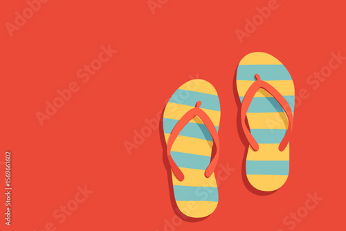 Beach flip-flops on red background with copy space. Summer vacation concept. Modern flat vector cartoon illustration. Colorful striped sandals for holiday travel and leisure.