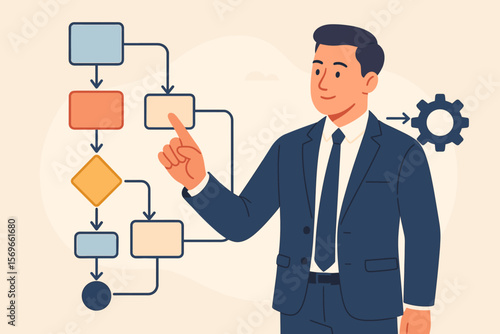 Businessman managing business process and workflow automation with a flowchart. Man touching a virtual screen to optimize a project. Modern flat vector cartoon illustration.
