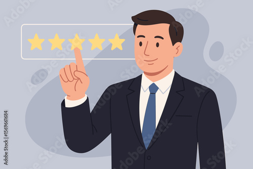 Businessman touching five star rating on virtual screen. Positive customer experience and feedback. Excellent performance review and satisfaction. Customer service quality concept.