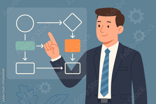 Businessman touching virtual screen. Business process management and workflow automation with flowchart. Man pointing at diagram. Strategy, algorithm, data flow concept vector.