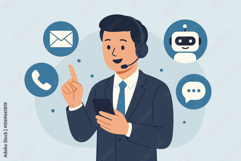 Businessman Using Smartphone and Headset Touching Virtual Contact Menu Icons for Email, Phone, Live Chat, Customer Support, Communication Technology, Digital Assistance, Helpline Concept Businessman Using Smartphone and Headset Touching Virtual Contact Menu Icons for Email, Phone, Live Chat, Customer Support, Communication Technology, Digital Assistance, Helpline Concept