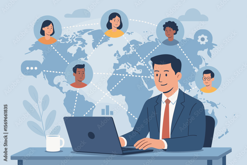 Global Customer Relationship Management, Businessman Using Laptop, International Client Network, Data Exchange, Digital Communication, Customer Service, Social Media, Technology Concept Global Customer Relationship Management, Businessman Using Laptop, International Client Network, Data Exchange, Digital Communication, Customer Service, Social Media, Technology Concept