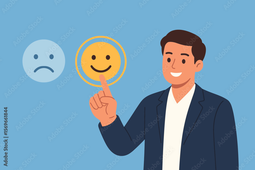 Businessman Selecting Happy Smiley Face on Virtual Screen, Customer Service Satisfaction, Positive Feedback, Rating, Client Experience, Service Quality, User Interface, Business Concept Businessman Selecting Happy Smiley Face on Virtual Screen, Customer Service Satisfaction, Positive Feedback, Rating, Client Experience, Service Quality, User Interface, Business Concept