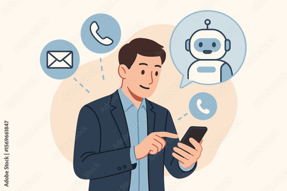 Customer Support Communication Concept. Businessman Using Smartphone for Contact Options. Email, Phone Call, Live Chat, Chatbot Assistance, Virtual Helpdesk, Digital Customer Service, Online Support Customer Support Communication Concept. Businessman Using Smartphone for Contact Options. Email, Phone Call, Live Chat, Chatbot Assistance, Virtual Helpdesk, Digital Customer Service, Online Support