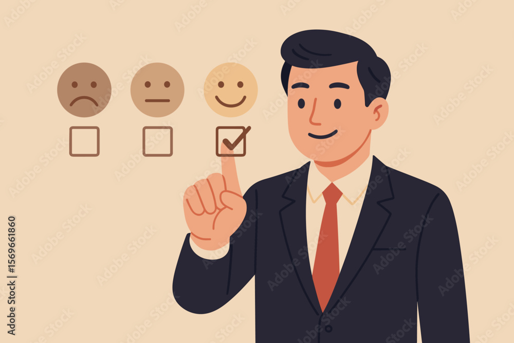 Customer Satisfaction Feedback Concept. Businessman in Suit Touches Virtual Screen, Selects Happy Smiley Face Icon, Service Rating, Positive Review, Client Experience, Survey, Evaluation Customer Satisfaction Feedback Concept. Businessman in Suit Touches Virtual Screen, Selects Happy Smiley Face Icon, Service Rating, Positive Review, Client Experience, Survey, Evaluation