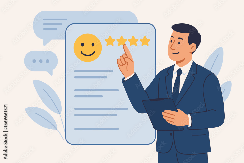Customer satisfaction rating and feedback concept. Man with a digital online survey. Excellent five star review. High-quality service, positive client user experience and evaluation. Customer satisfaction rating and feedback concept. Man with a digital online survey. Excellent five star review. High-quality service, positive client user experience and evaluation.