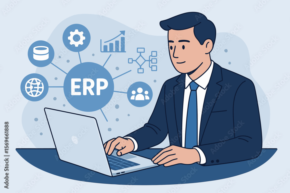 ERP System Integration Concept. Businessman in Suit Using Laptop with Digital ERP Interface, Automation, Data Management, Workflow, Analytics, Network, Teamwork Icons ERP System Integration Concept. Businessman in Suit Using Laptop with Digital ERP Interface, Automation, Data Management, Workflow, Analytics, Network, Teamwork Icons