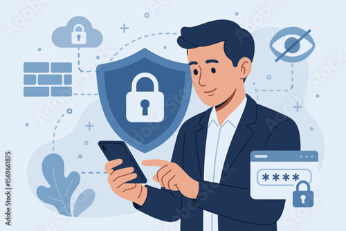 Cybersecurity Privacy Data Protection Concept – Businessman Using Smartphone, Secure Encryption Technology, Internet Security, User Data Access, Password Protection, Firewall, Cloud Security