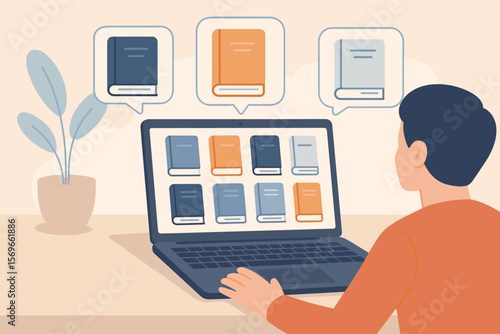 Digital Library Concept, Online E-Book Selection, Person Using Laptop, Virtual Book Icons, Electronic Books, Internet Knowledge Base, Paperless Reading, E-Library, Modern Education