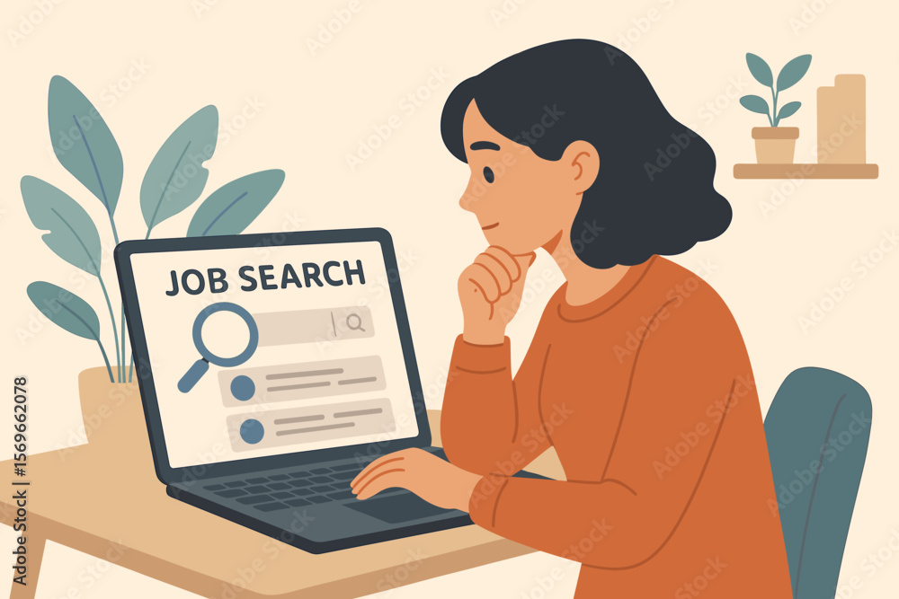 Job Search Concept, Career Opportunity, Woman Using Laptop for Online Job Search, Employment Vacancy, Recruitment, Internet Job Portal, Remote Work, Professional Career, Office Workspace Job Search Concept, Career Opportunity, Woman Using Laptop for Online Job Search, Employment Vacancy, Recruitment, Internet Job Portal, Remote Work, Professional Career, Office Workspace