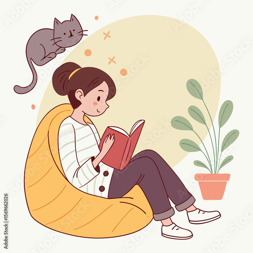 Illustration of a girl reading a book on a beanbag chair with a cat and plant in a cozy setting