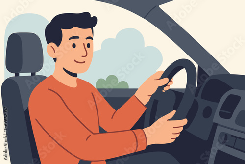 Man Driving Car Holding Steering Wheel with One Hand, Modern Flat Vector Illustration, Safe Driving, Road Safety, Male Driver, Vehicle Interior, Transportation Concept