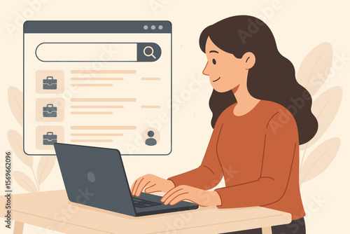 Job search vector concept. Woman with laptop finds career online. Candidate browsing website for vacancies and employment opportunities. Recruiting, hiring, human resources, HR.