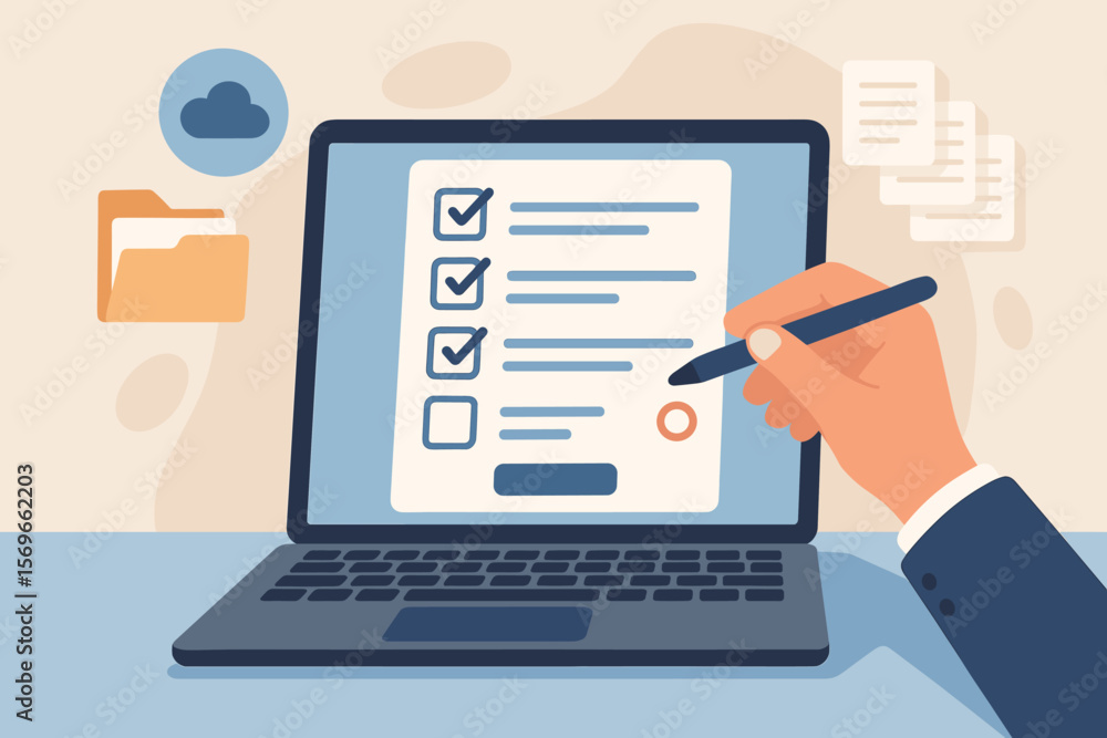 Digital Survey Completion and Online Form Checklist on Laptop, Document Management System, Cloud File Organization, Process Automation, Electronic Documentation Database Digital Survey Completion and Online Form Checklist on Laptop, Document Management System, Cloud File Organization, Process Automation, Electronic Documentation Database