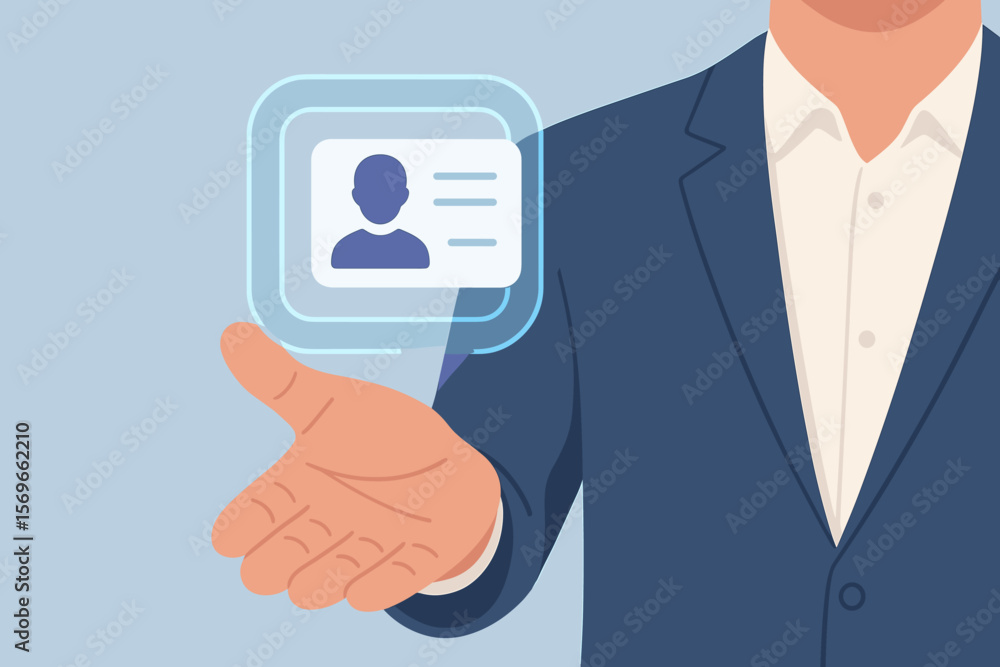 Businessman Presenting Digital KYC Identification Card Hologram, Identity Verification, Personal Data Security, Modern Vector Illustration, Fintech, Secure Access, No Text Businessman Presenting Digital KYC Identification Card Hologram, Identity Verification, Personal Data Security, Modern Vector Illustration, Fintech, Secure Access, No Text