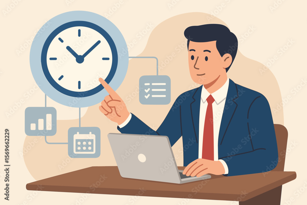 Project Manager Time Management Concept. Businessman in Suit Using Laptop, Pointing at Clock Icon, Virtual Screen, Work Planning, Task Scheduling, Productivity, Efficiency, Office Workflow Project Manager Time Management Concept. Businessman in Suit Using Laptop, Pointing at Clock Icon, Virtual Screen, Work Planning, Task Scheduling, Productivity, Efficiency, Office Workflow