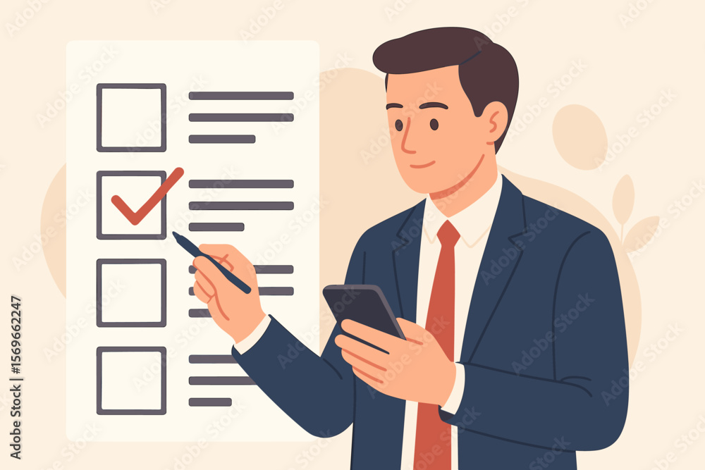 Businessman Completing Digital Checklist, Online Survey Assessment, Quality Control, Questionnaire, Mobile Form, Marking Tasks, Business Evaluation, Productivity, Task Management Businessman Completing Digital Checklist, Online Survey Assessment, Quality Control, Questionnaire, Mobile Form, Marking Tasks, Business Evaluation, Productivity, Task Management